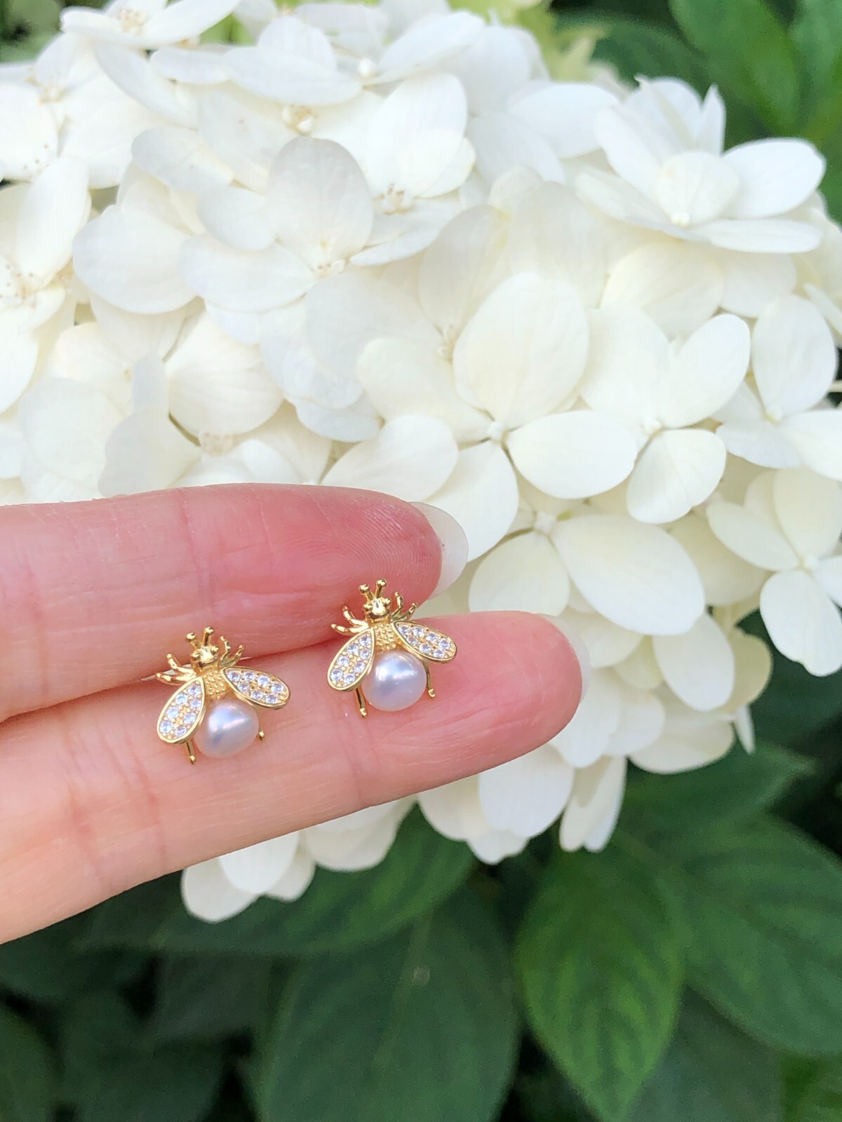 925 Sterling Silver CZ Pearl Bee Stud Earrings Women Girls Gold Studs 11mm