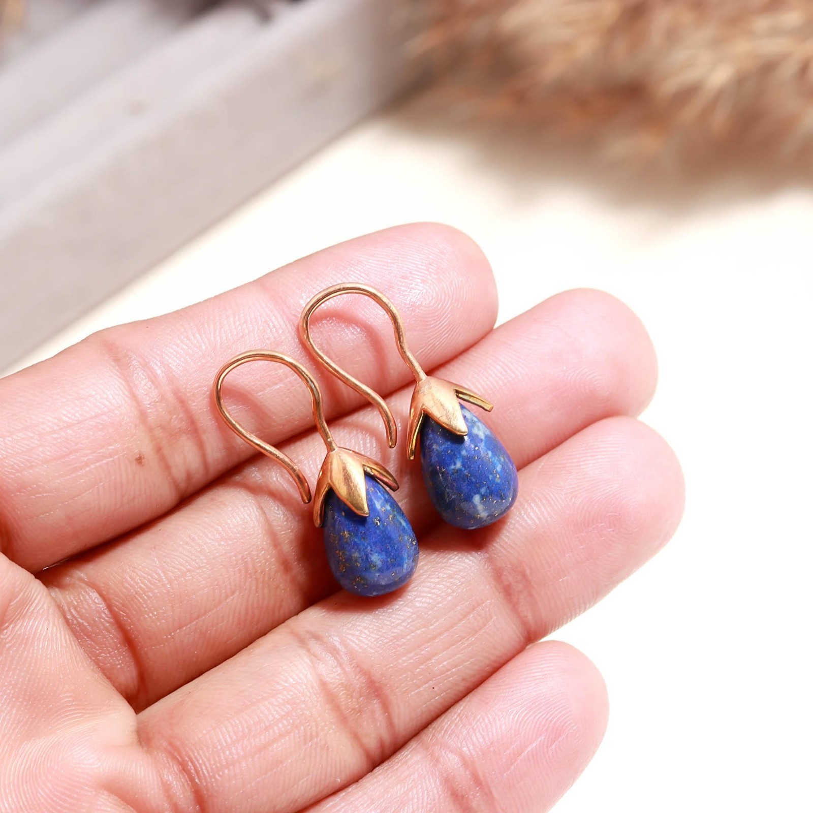 Natural Lapis Lazuli Teardrop Dangle Earring Rose Gold Fill Solid Silver Jewelry