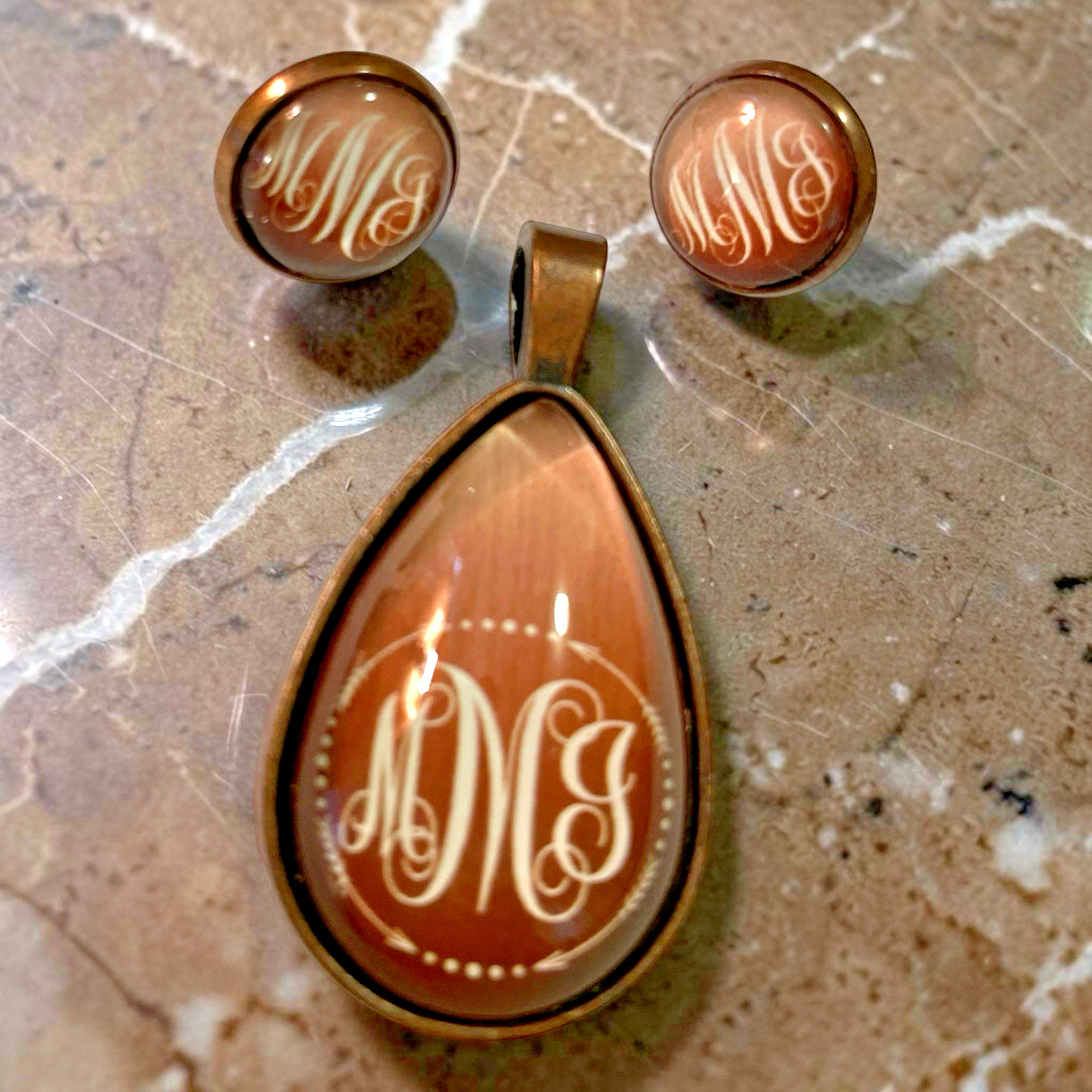 Personalized Monogram Initial Pendant MMG (or MMJ) Earrings Set Bronzed Metal