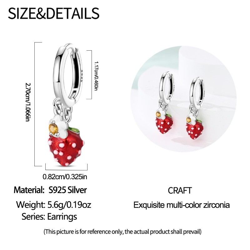 PANDACH 925 Sterling Silver Sweet Strawberry Dangle Earrings Girls Birthday Gift