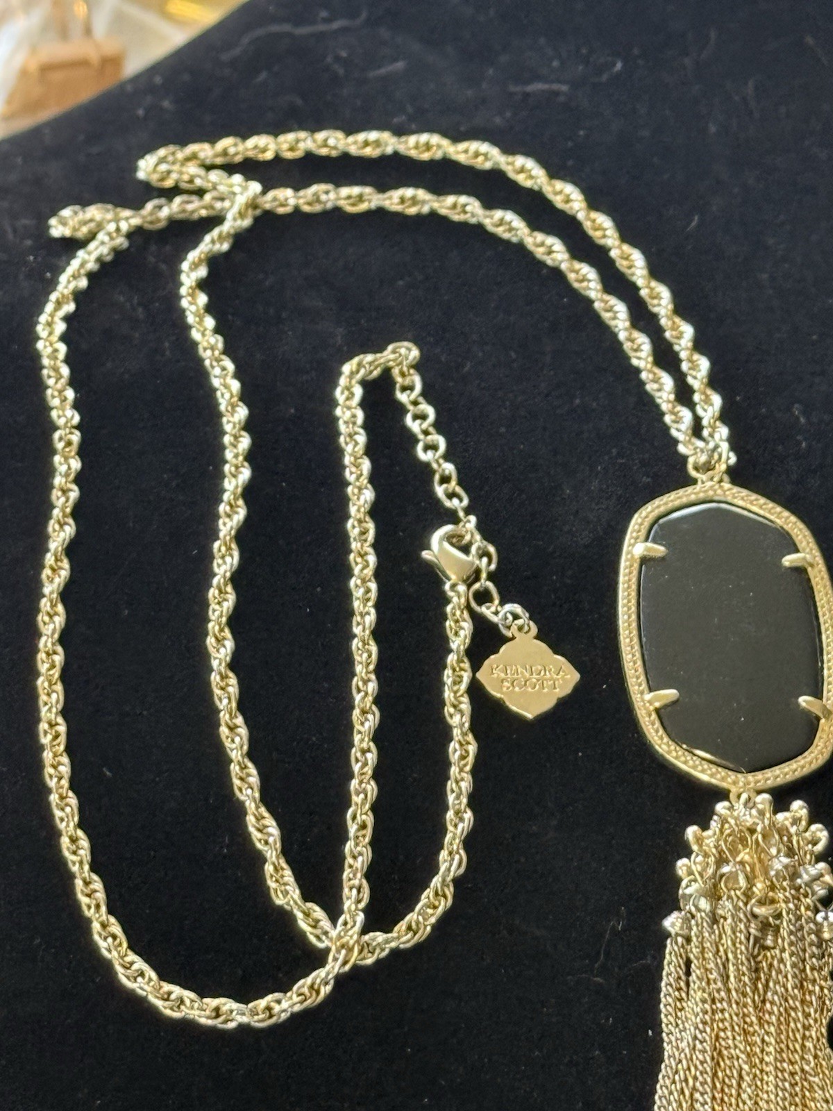 Kendra Scott Rayne Tassel Necklace Black Stone Gold Tone Long Statement