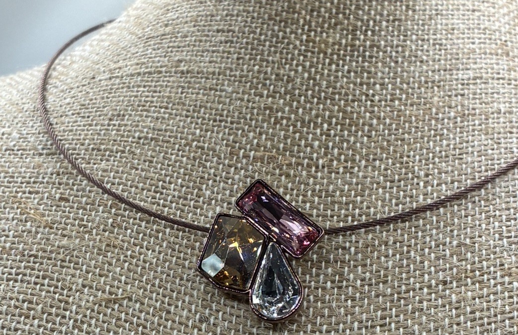 Touchstone Three Color Crystal Slide Pendant on Brown Rhodium Plated Cord