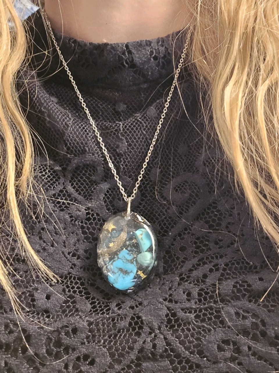 Turquoise Galaxy Resin Pendant Artisan Necklace 20 Inch Stainless Steel Chain