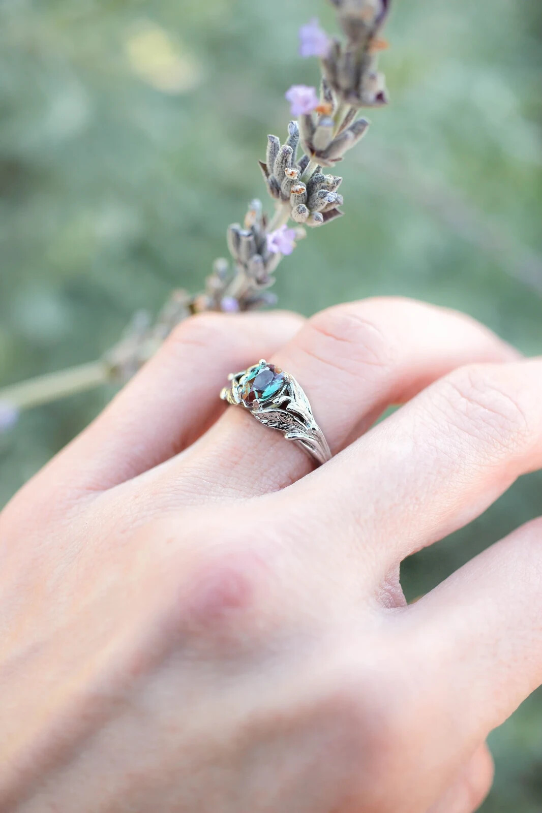 Alexandrite ring, engagement ring, 925 Sterling Silver, leaves Shape ring