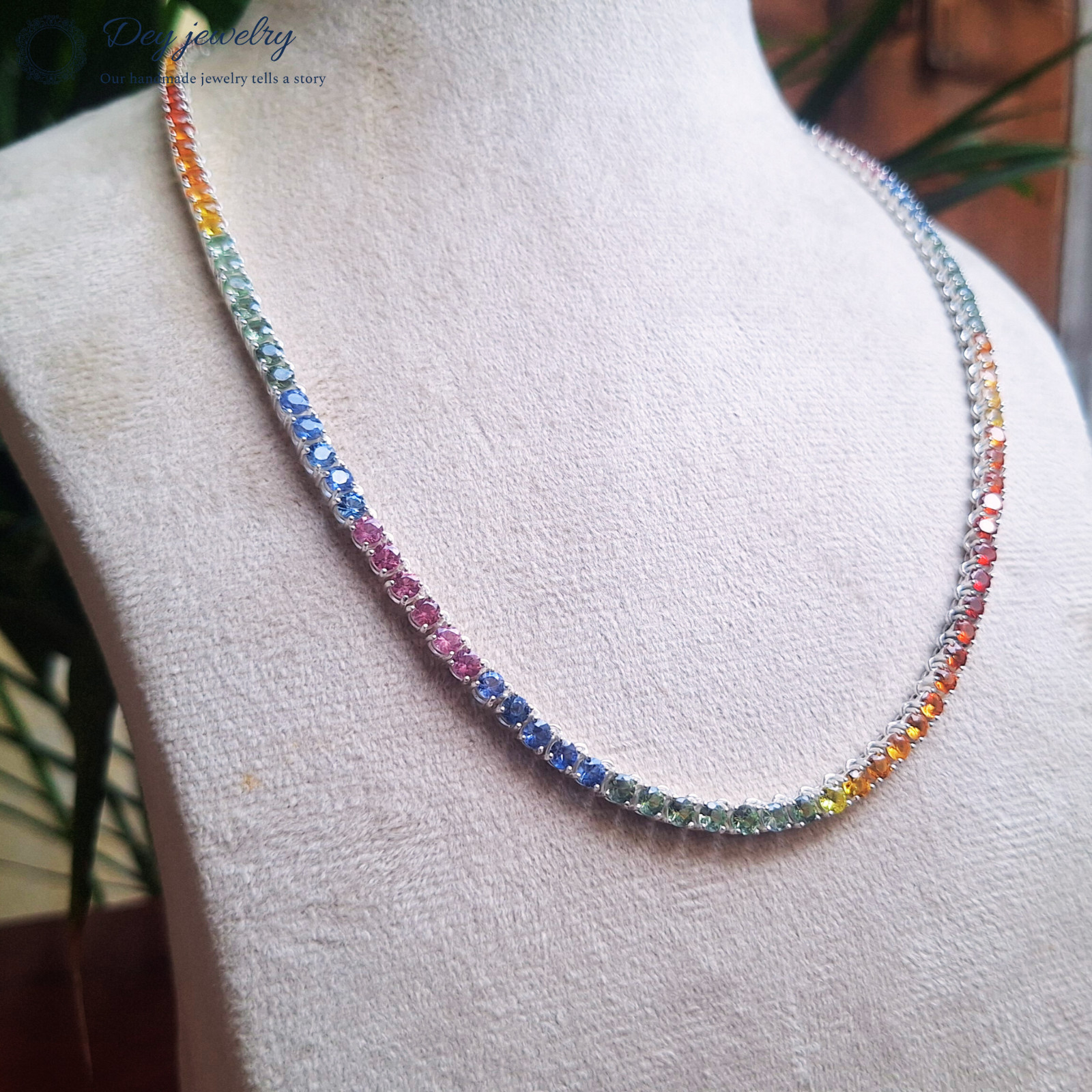 Lab Created 3 mm Multi Sapphire Prong Tennis 925 Silver Handmade Gift Necklace