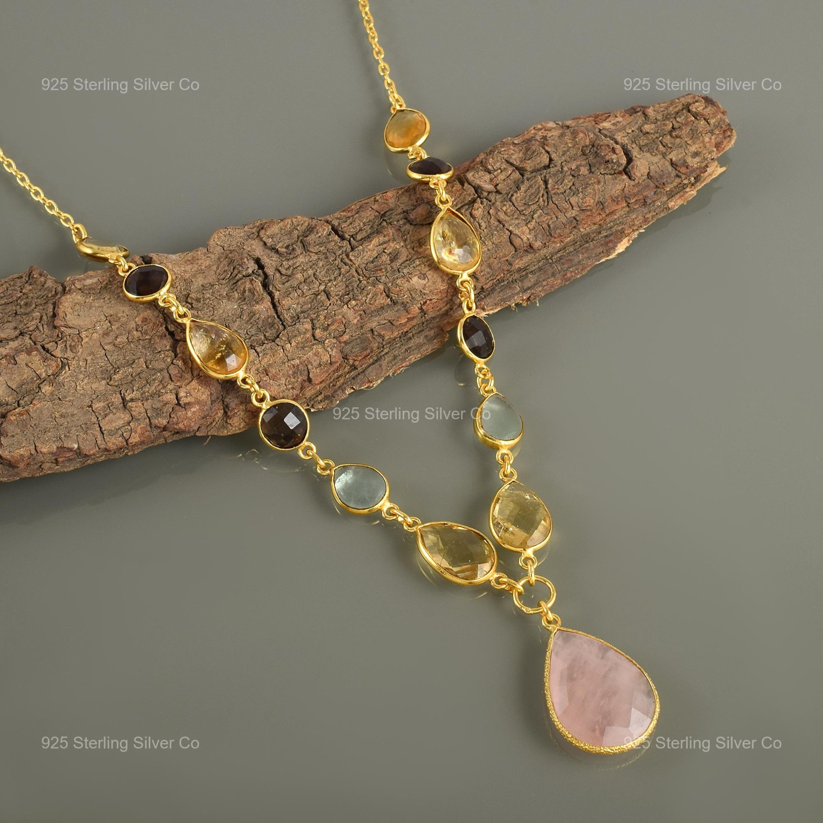 Multi Gemstone Necklace Yellow Gold Finish Sterling Silver Jewelry