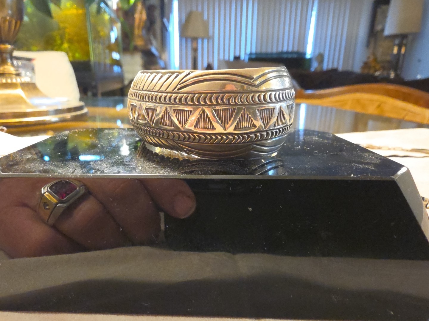 Vintage Carson Blackgoat Navajo Sterling Silver Stamped Cuff. Signed.