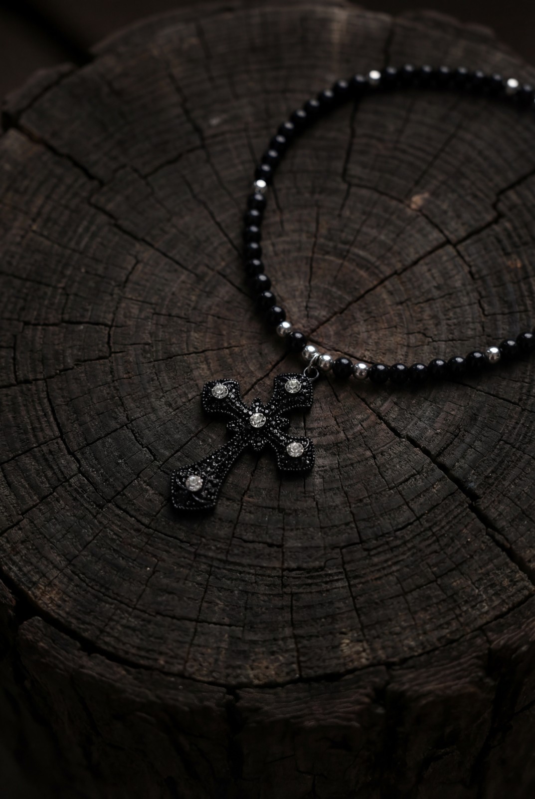 Goth Cross Beaded Necklace, Black Beaded Rosary Style Necklace
