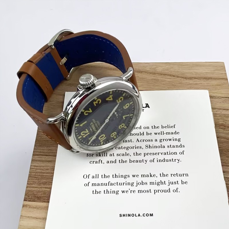 Men Shinola Runwell Argonite 1069 Black Dial Quartz New Watch 47mm Leather Strap