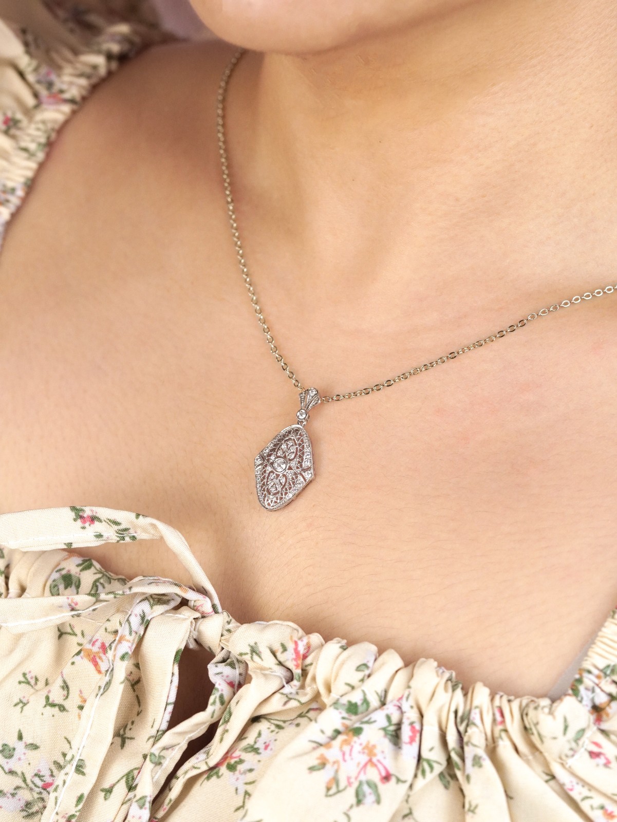 White Gold Diamond Filigree Pendant Antique Inspired Edwardian Style Necklace