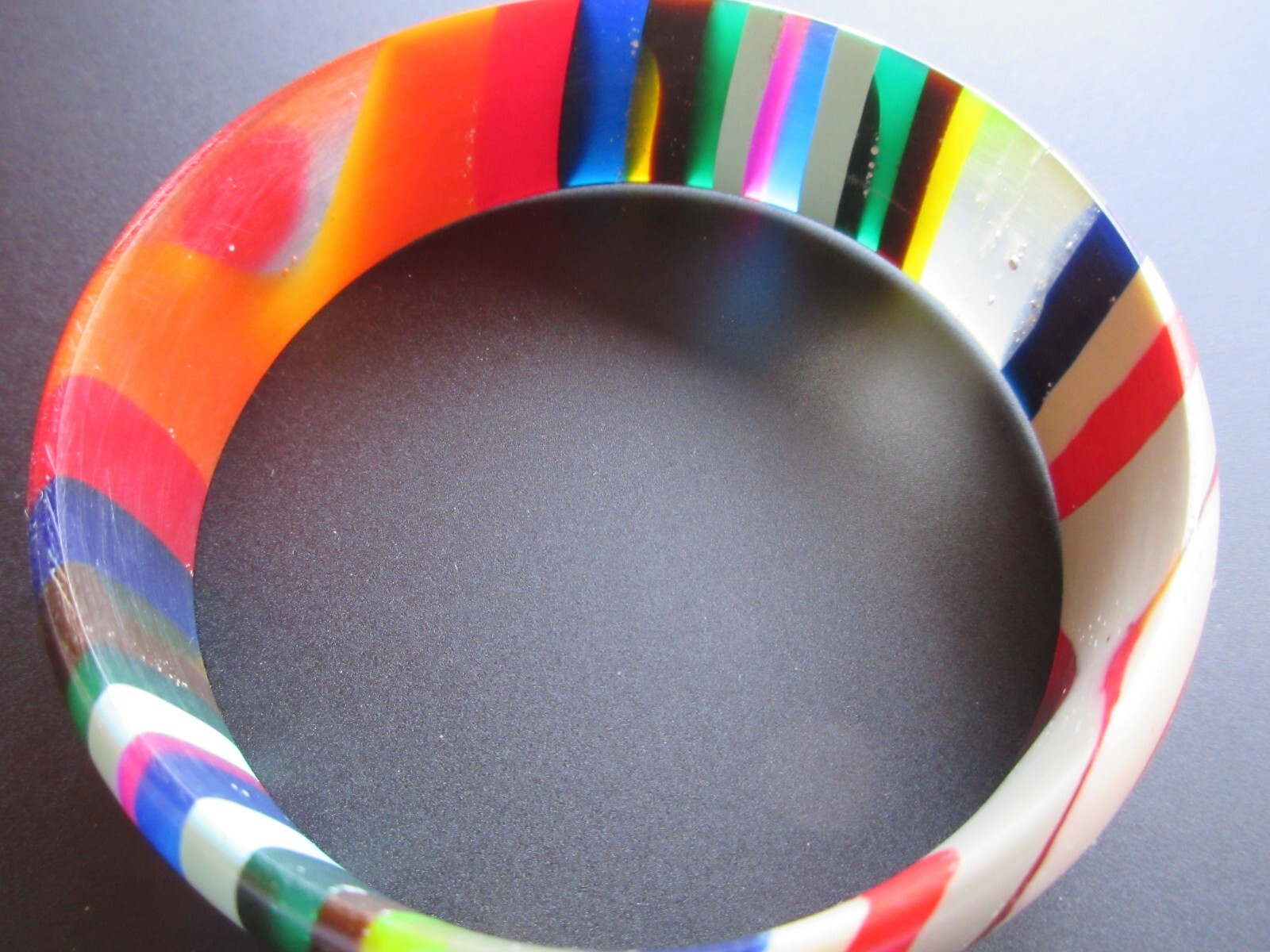 Mid century Multi color Striped Early Lucite Acrylic Bangle Bracelet 2 7/8″