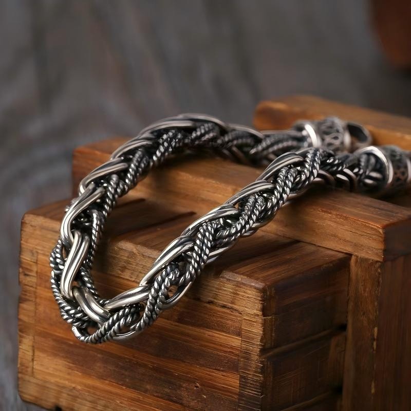 Pure S925 Sterling Silver Chain 6mm Braided Wheat Bracelet 34-35g 7.6inch