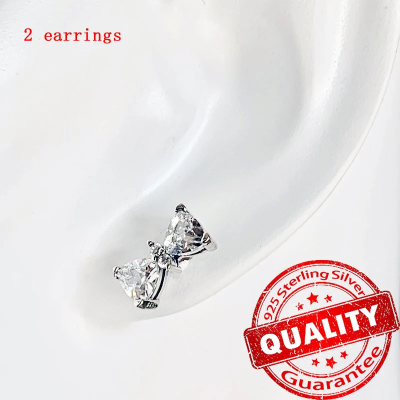 2 Pc Sterling Silver Pink Bow Earrings Women Sparkling Hoop Polished Jewelry