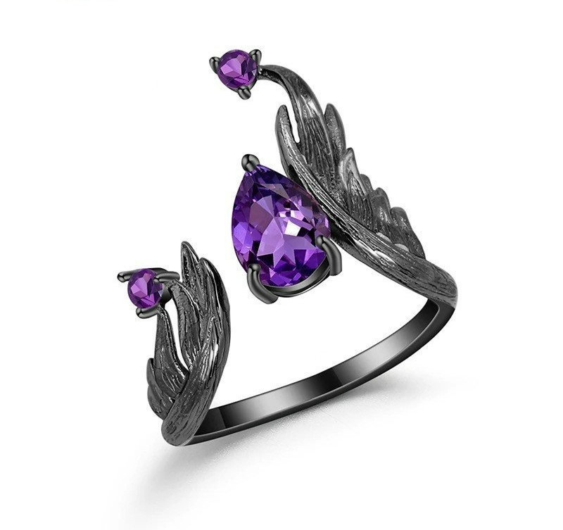 1.43Ct Natural Pear Amethyst Gemstone Handmade Bird Feather 925 Silver Ring