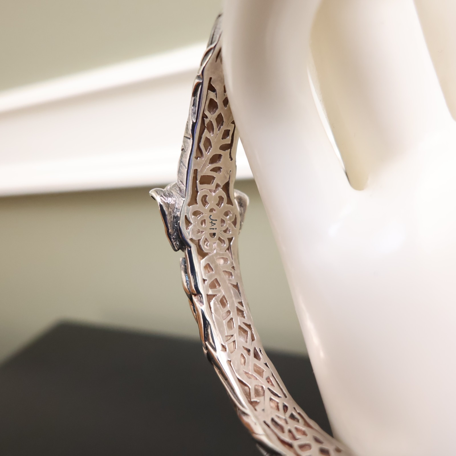 Jai bracelet elephant 925 sterling silver 14K gold hinged cuff garnets Sz 6.75in
