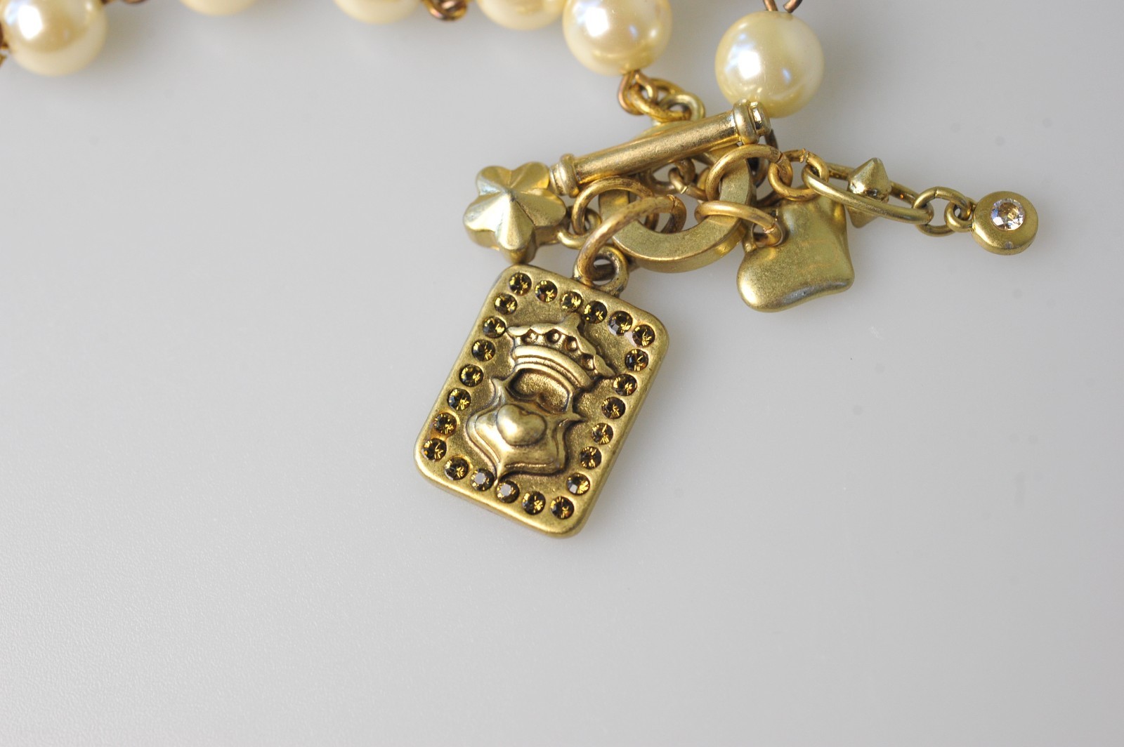 CAbi Necklace Gold Tone Rhinestone Faux Pearl charms dangle statement A