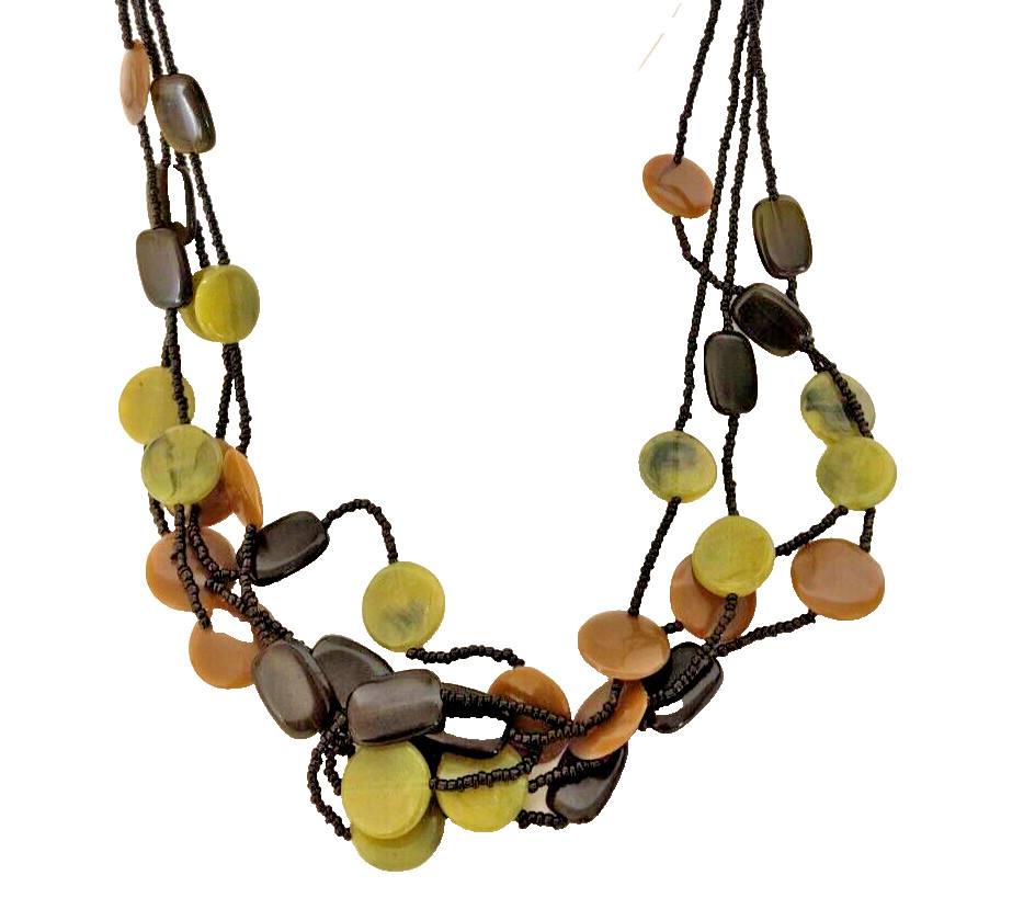 Women’s Necklace Beaded Multistrand Black Brown Green Black Discs Vintage