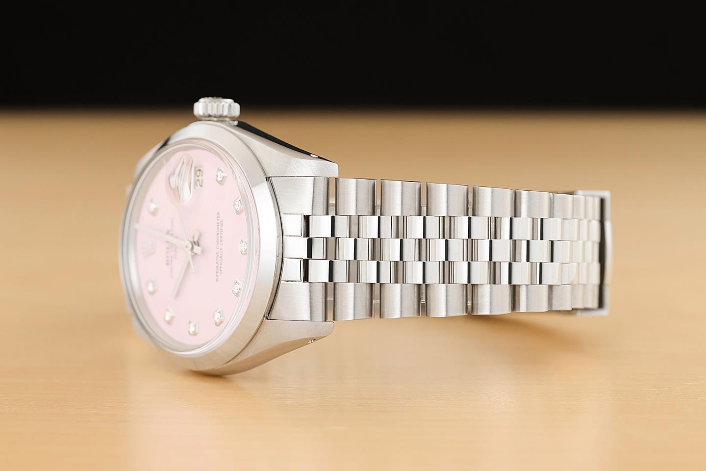 ROLEX OYSTER PERPETUAL DATE 34MM 1500 PINK DIAMOND DIAL STAINLESS STEEL WATCH