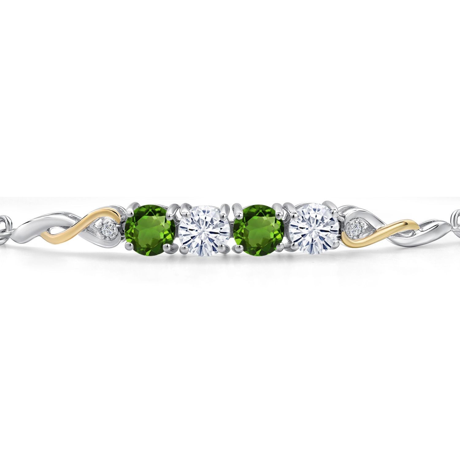 925 Silver and 10K Yellow Gold Green Chrome Diopside and White Moissanite and