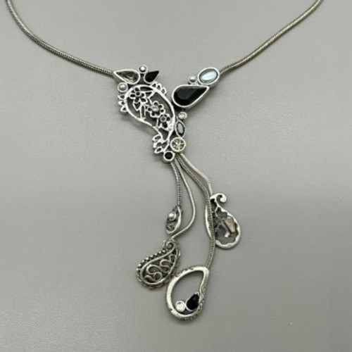 Chico’s Necklace Womens Silver Paisley Black White Enamel Snake Chain 18-21 Inch