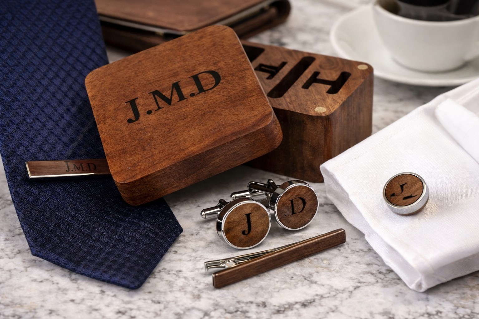 Personalized Wooden Cufflinks & Tie Bar Set – Custom Monogram Gift for Men