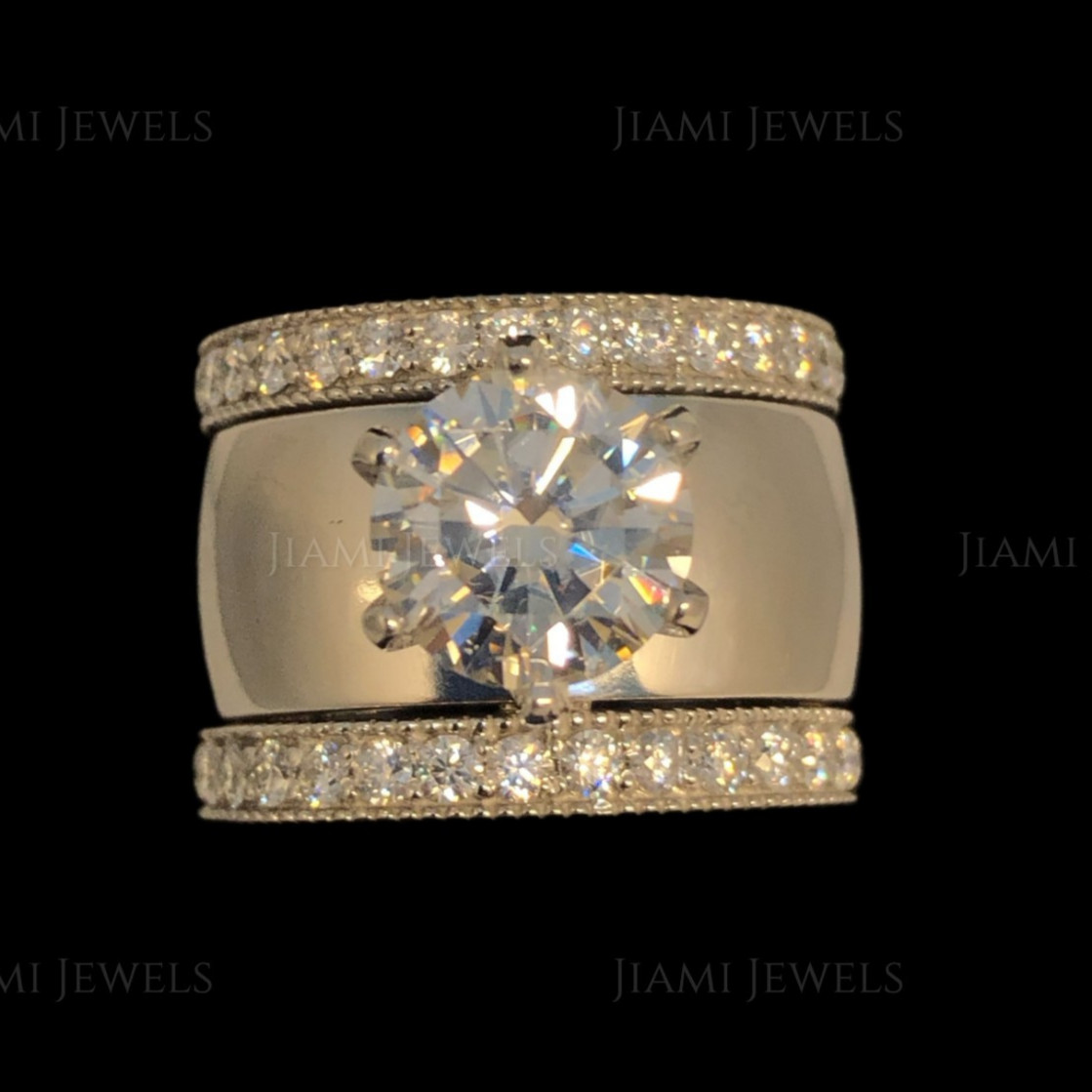 5Ct GRA Moissanite Bridal Trio Ring Set Wide Band 925 Silver White Gold Finish
