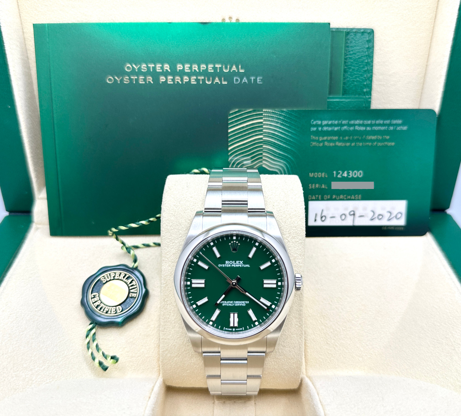 Rolex Oyster Perpetual 124300 41mm Green Dial Stainless Steel Box Papers