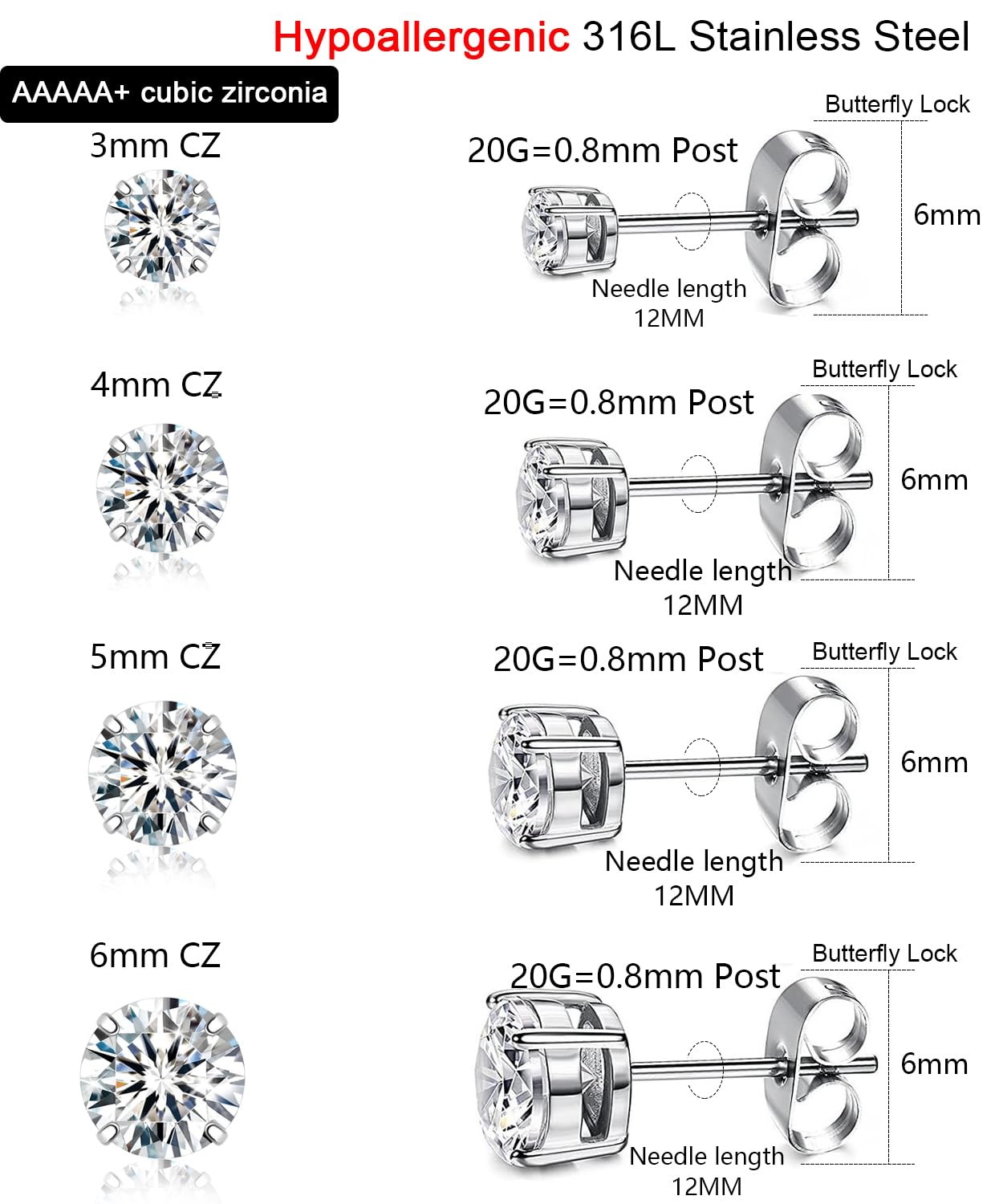 4 Pairs Silver Stud Earrings Set for Multiple 6 millimeters, Silver-B-1