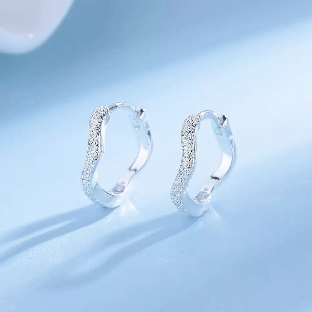 925 Silver Wavy Textured Huggie Hoop Earrings Minimalist Geometric Earrings A64