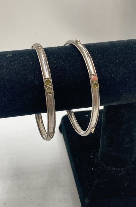 Sterling Silver 925 Multi-Stone Bangle Bracelets Lot of 2 Stackable 7 1/8″ 20g