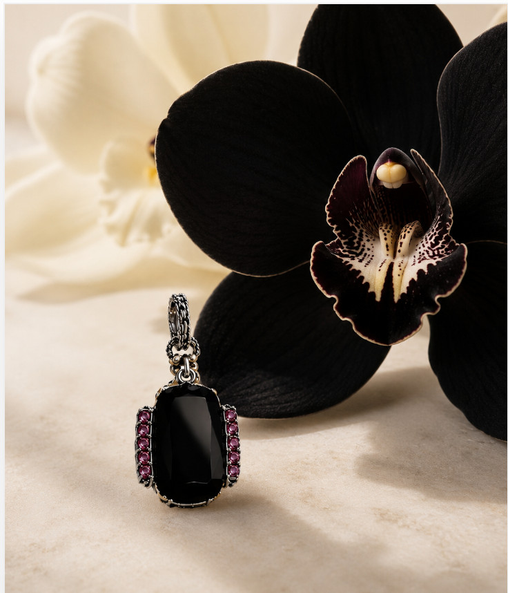 Barbara Bixby Black Onyx Cushion Cabochon Rhodolite Garnet Enhancer 925 18K NIB