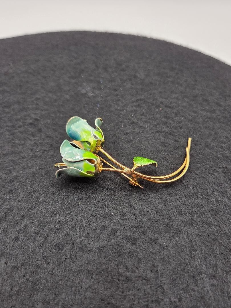 Vintage Enamel Blue & Green Gold Two Flower Buds And Leaf Brooch Pin 3″L