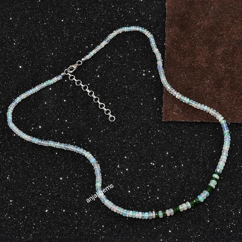 AA+ Natural Ethiopian Opal And Emerald Gemstone Beads Necklace With 925 Silver A