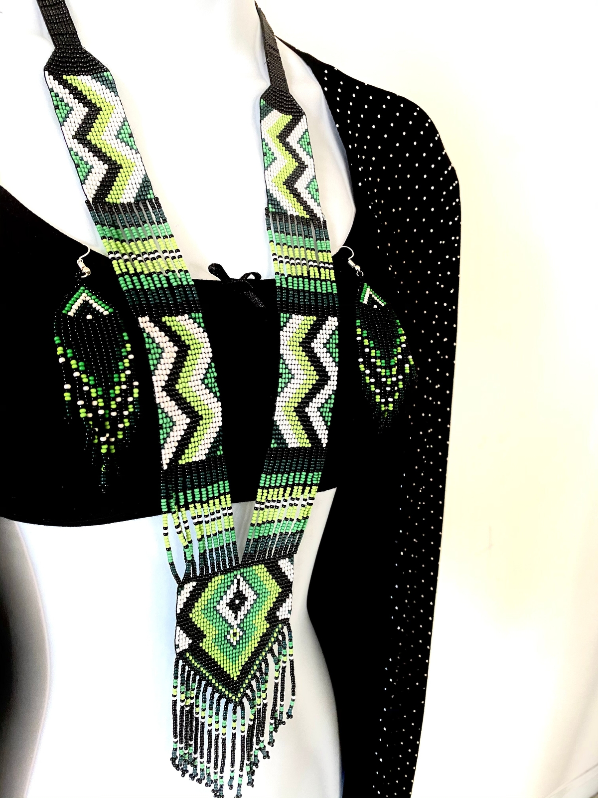 Handcrafted Bead embroidery long necklace earrings set