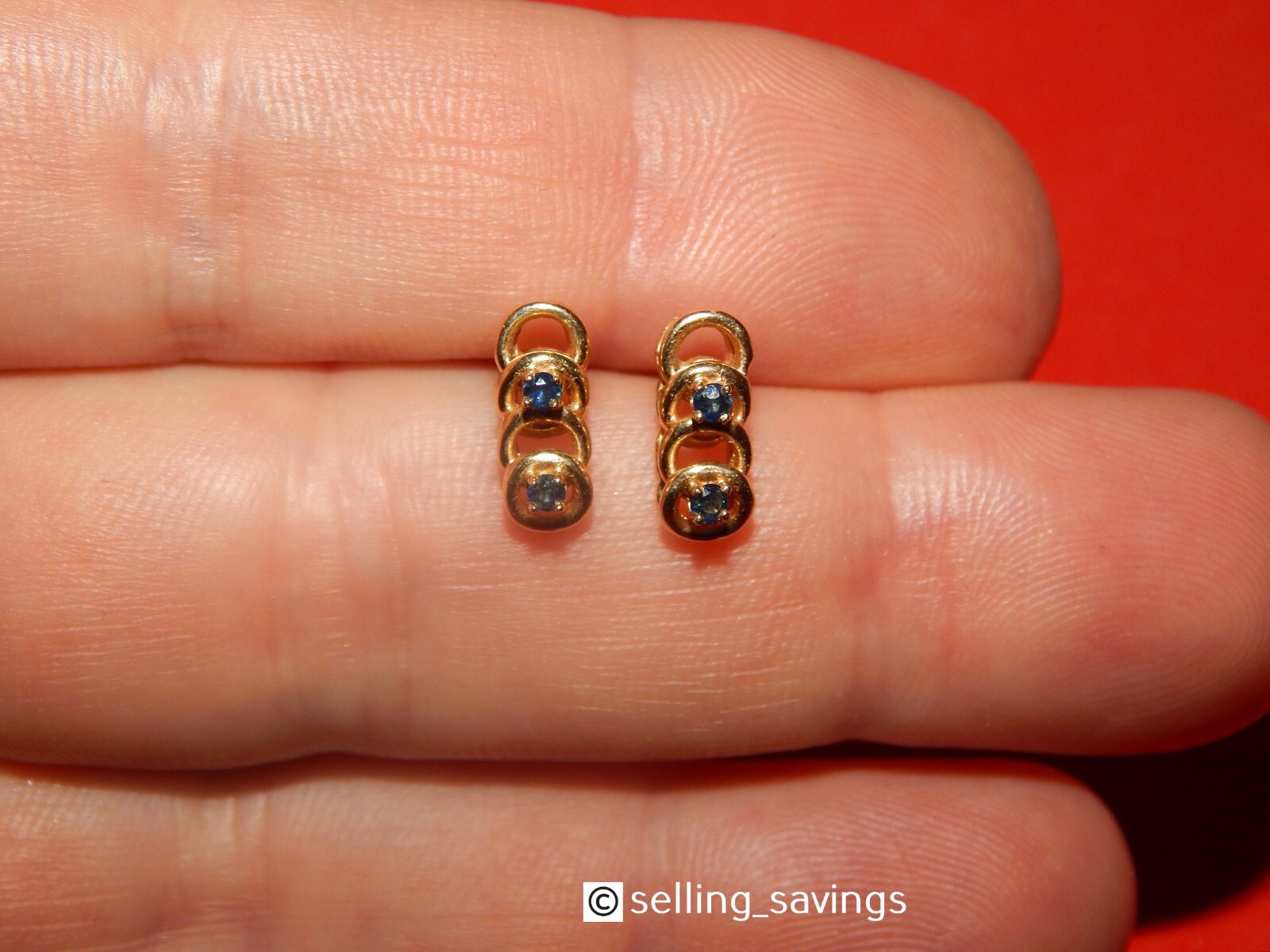 14K YELLOW GOLD SAPPHIRE OPEN CIRCLE STUD EARRINGS 1/2 INCH TALL X 1/4 INCH WIDE