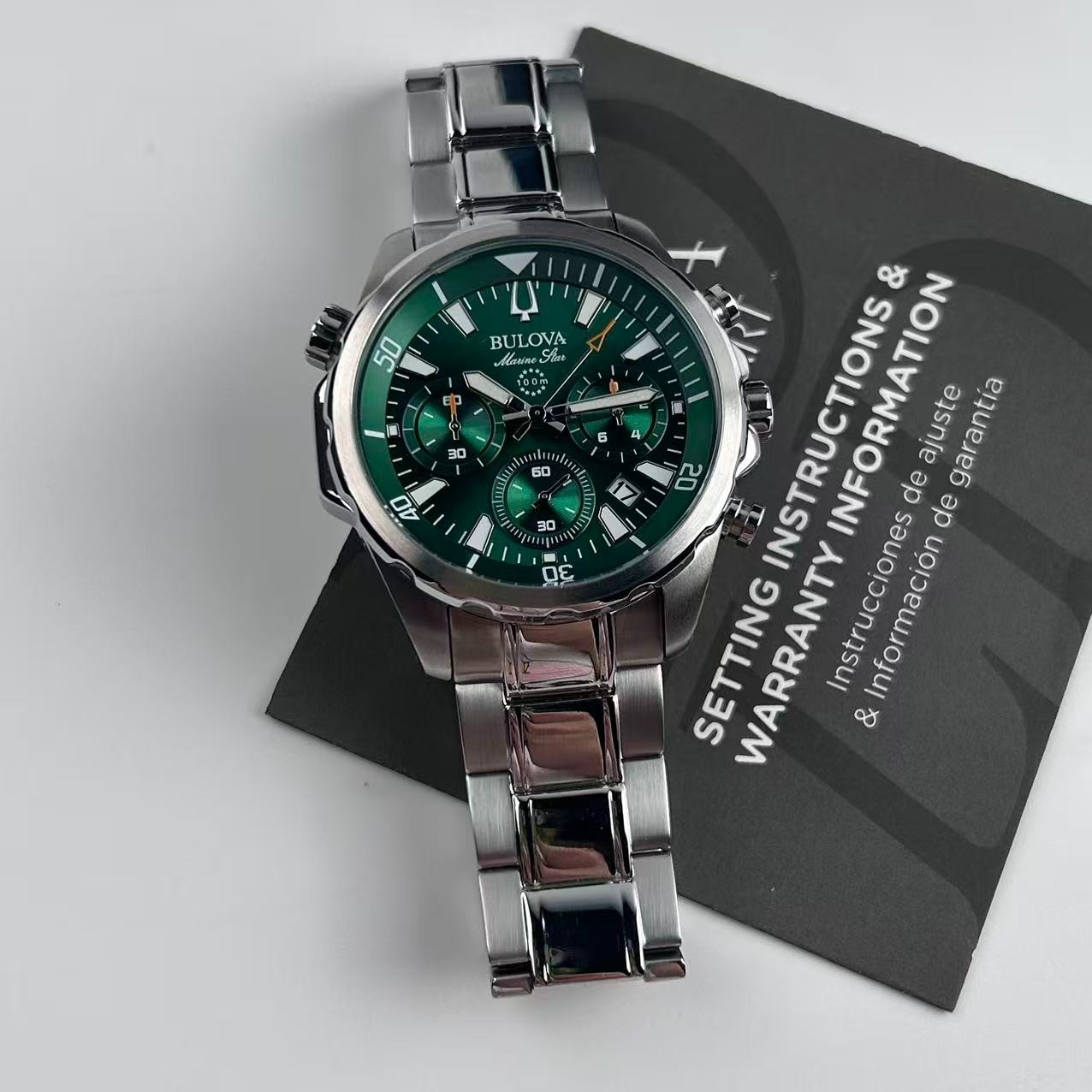 New Bulova Marine Star 96B396 Green Dial Men’s Chronograph Quartz Watch 43 mm
