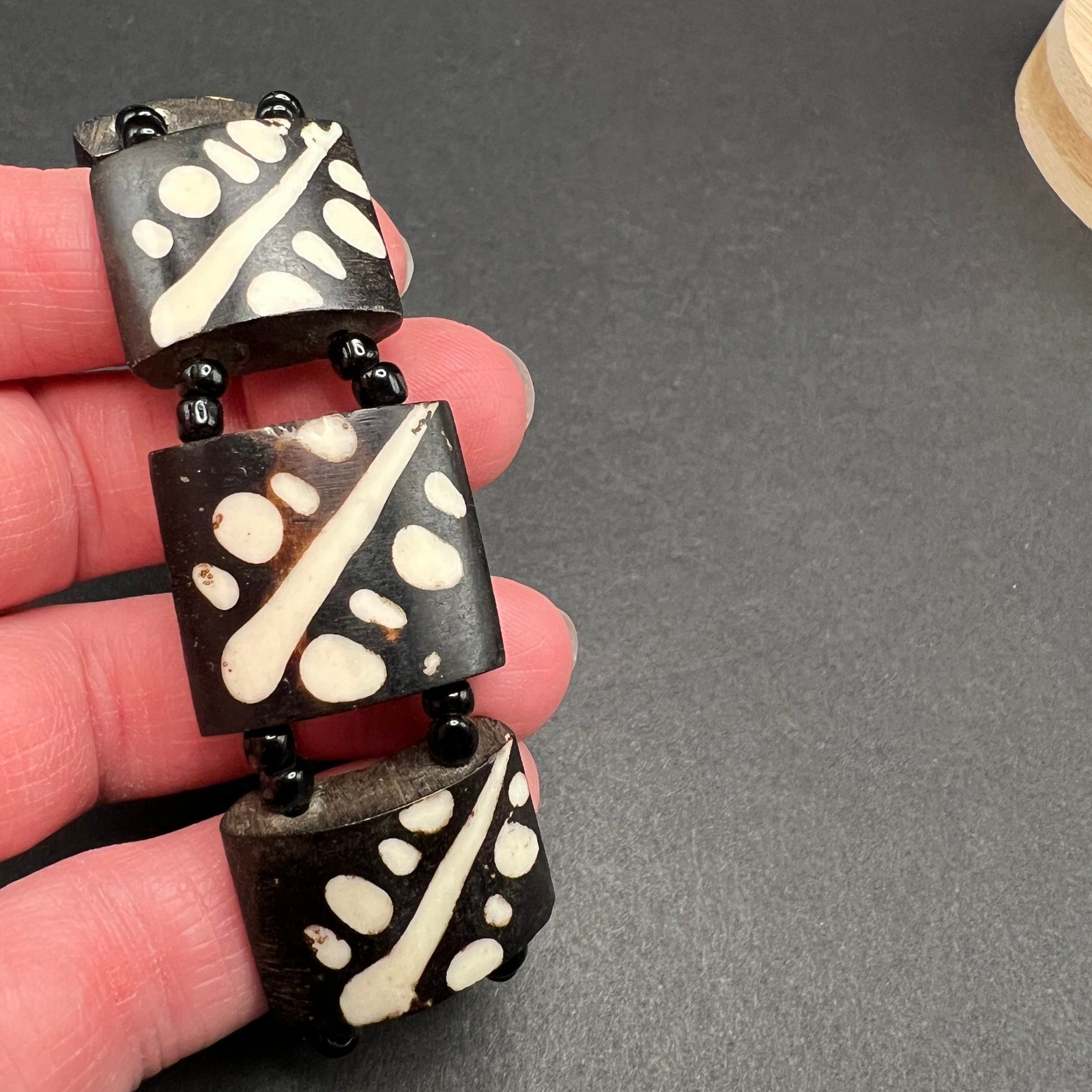 Chunky Wood Block Bracelet Black Cream Batik Tribal Bold Abstract