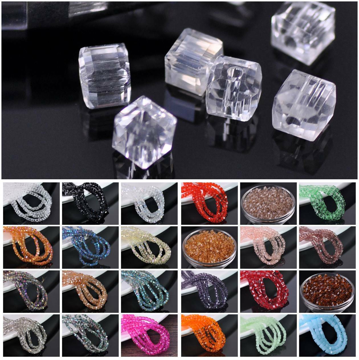 100pcs 4mm Small Cube Square Faceted Crystal Glass Loose Crafts Spacer Beads lot