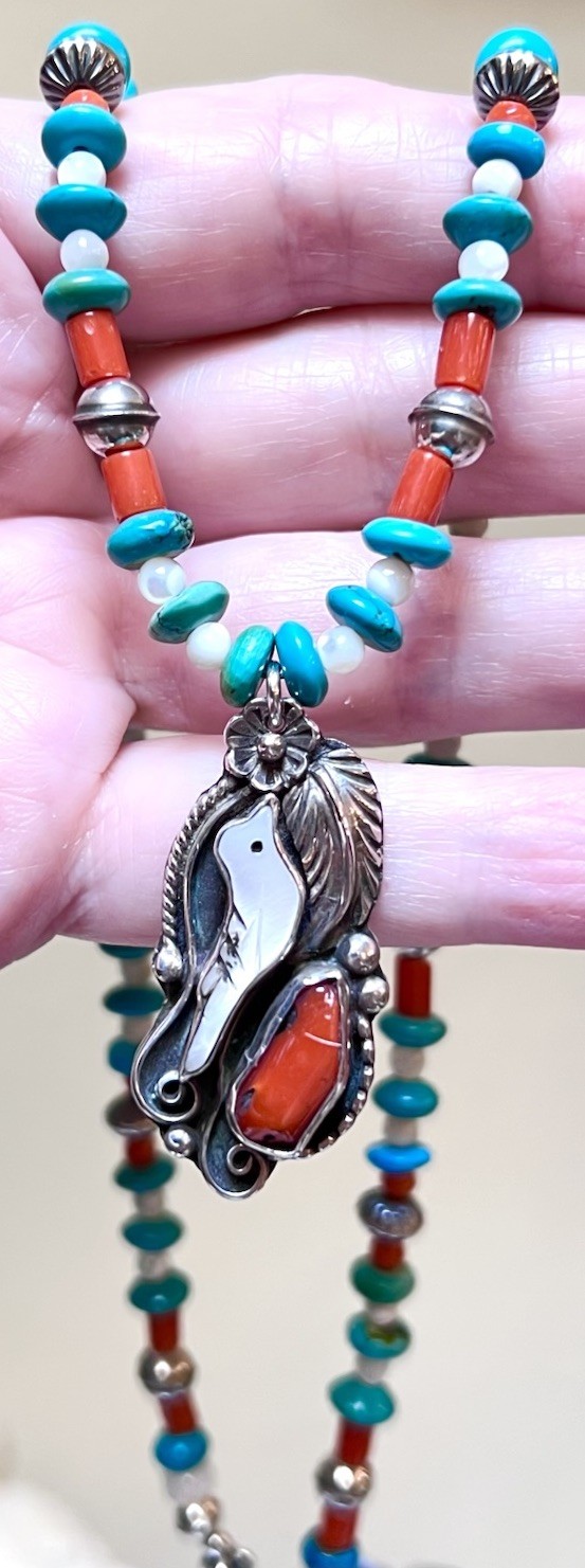 LOVELY Native, Navajo Signed Sterling Silver Turquoise, Coral, Etc Bird Necklace
