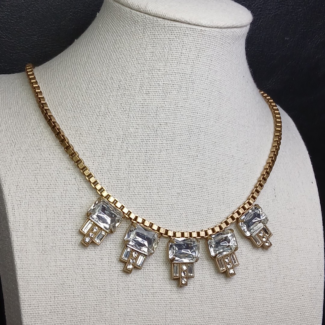 LOREN HOPE Bib Necklace Clear Rhinestone Matte Gold Tone. 13-853