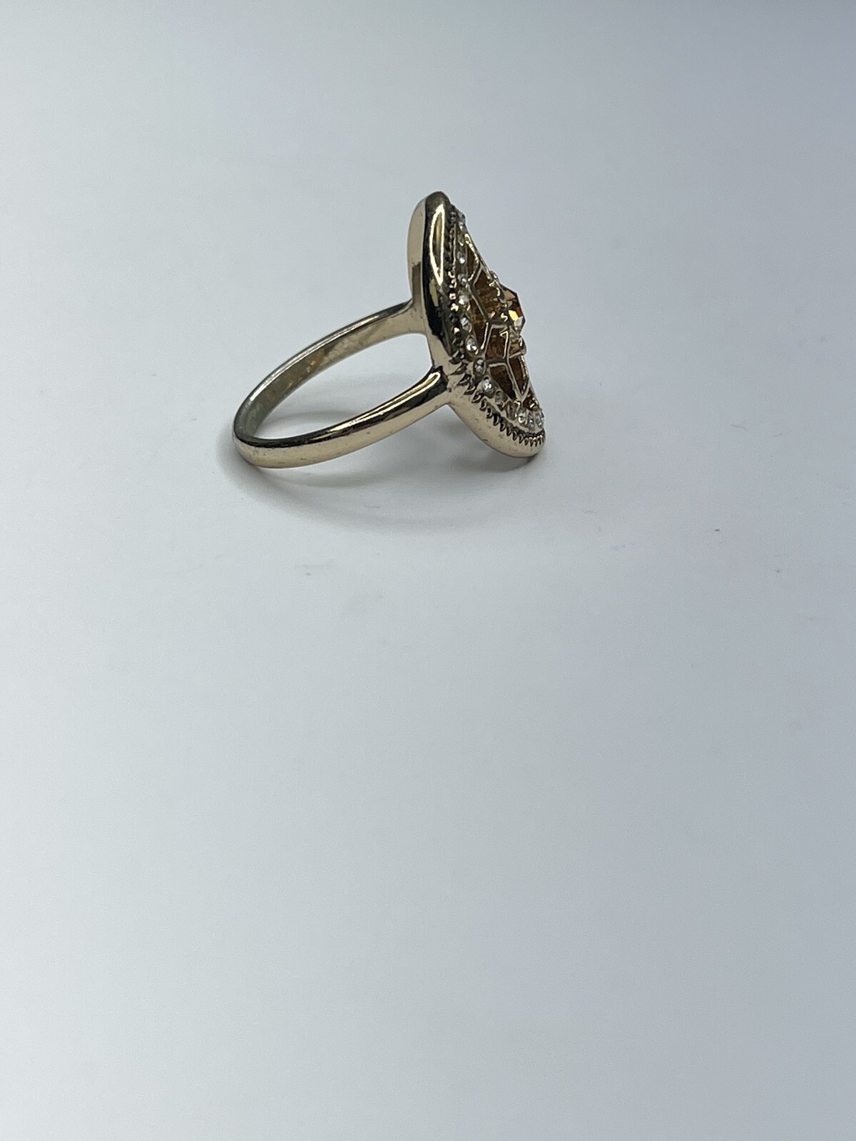 Womens Ring Size 7.5 Gold Toned Amber Faceted Crystal Stone Tiny Rhinstones