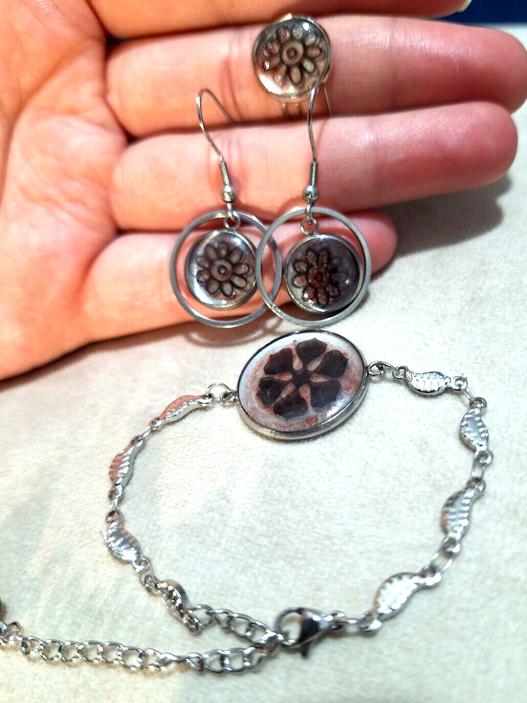 Resin Bracelet, Earings, Ring For Women Silver Chain Handmade Gift Decoration