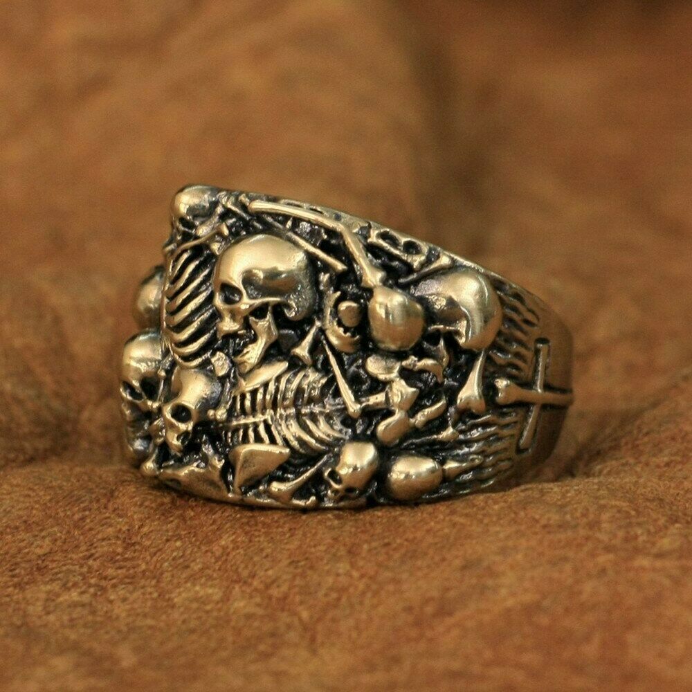 LINSION Rings Brass Skulls Grave Ring Mens Punk Jewelry BR257D US Size 7~15