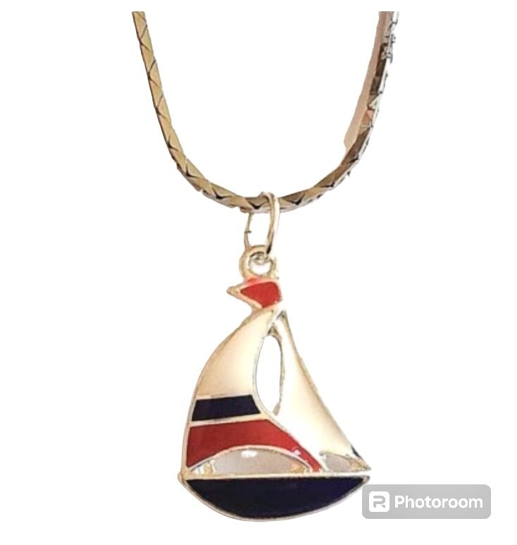 Silver Sailboat Necklace Nautical Island Boat Sailing Red White Blue Plated 18″