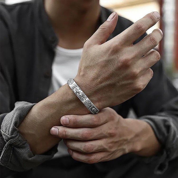 Men Vintage Silver Pixiu Cuff Bracelet Adjustable Wrist Bangle Lucky Bracelet