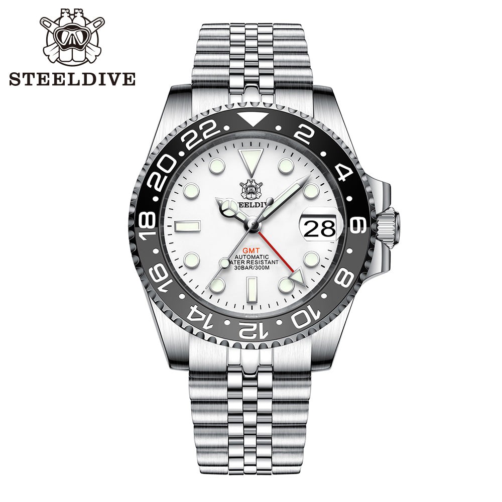 STEELDIVE SD1993 Mens GMT 300M Automatic Dive Watch Steel White