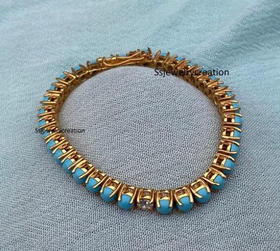 Sleeping Beauty Turquoise Round Cabochon Tennis Bracelet In 925 Silver
