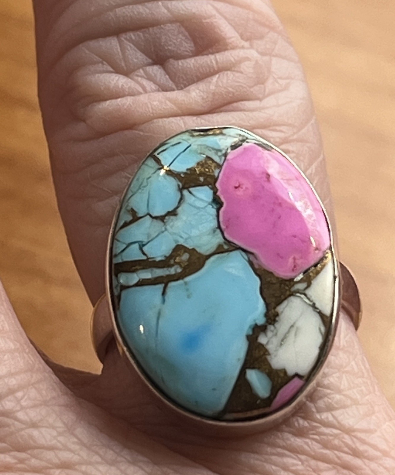 925 Sterling Cotton Candy Turquoise Ring Size 6-10 Adjustable