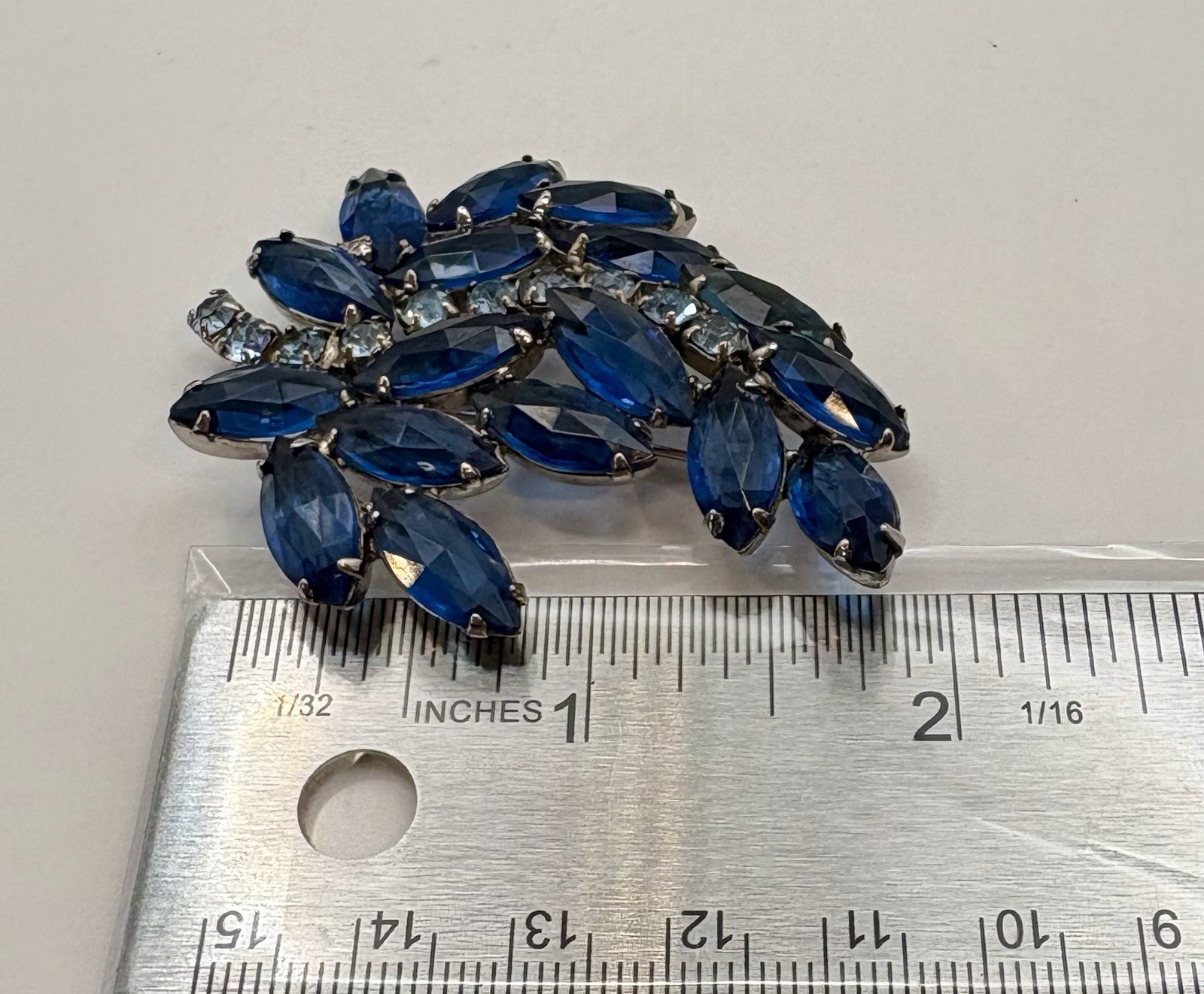 Vintage Blue Navette Rhinestone Brooch Silvertone Floral Spray Juliana Style