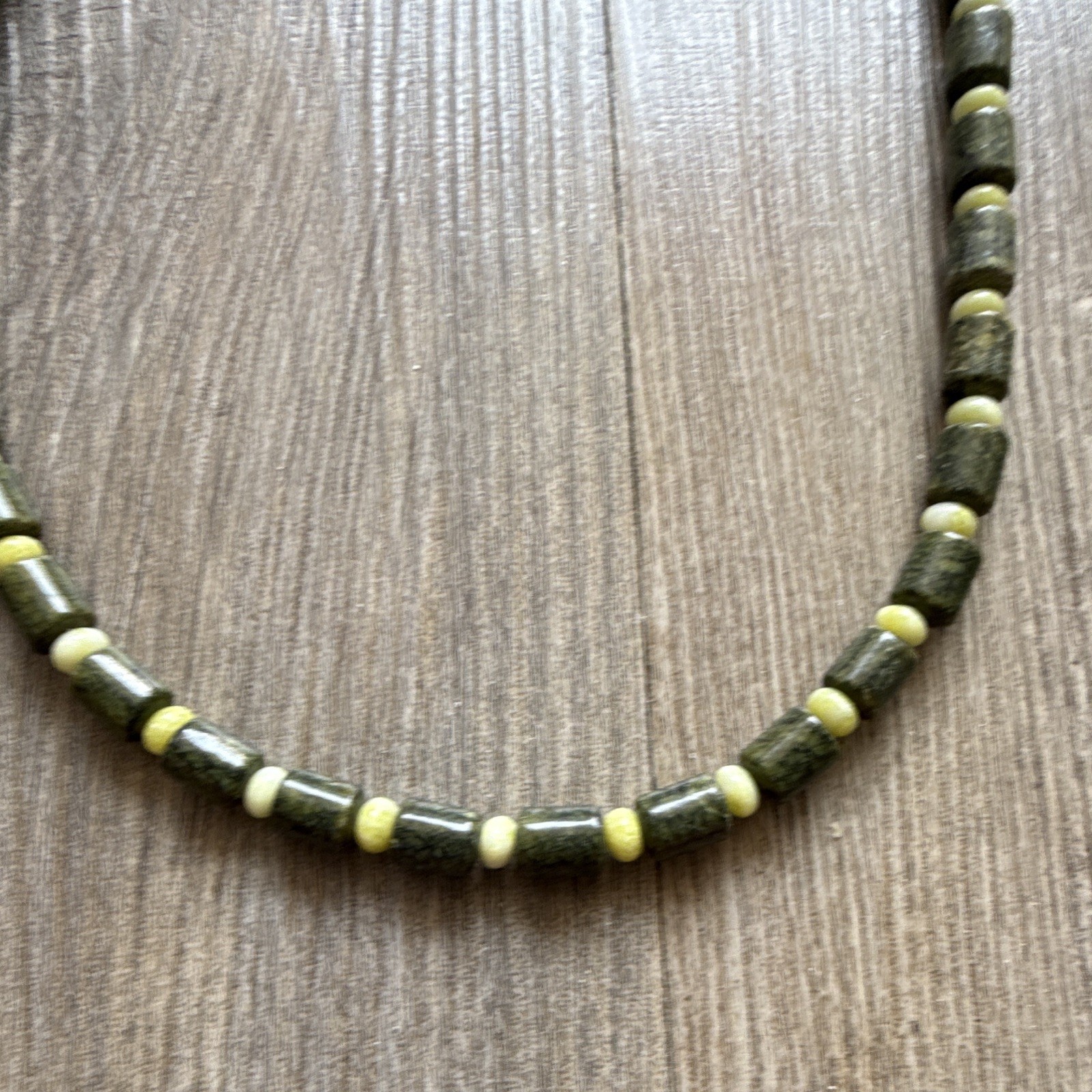 Green serpentine and Yellow Jade beaded necklace with silver lobster claw